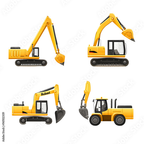 Wallpaper Mural Set of four yellow excavators in different positions, isolated on white background. Construction machinery vector illustration. Torontodigital.ca
