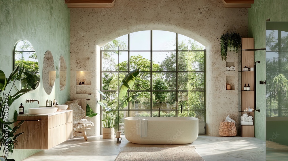 Fototapeta premium Elegant Bathroom Design: Embrace Nature with Natural Stone & Soft Green Hues – Perfect Poster for a Tranquil Spa-Inspired Interior