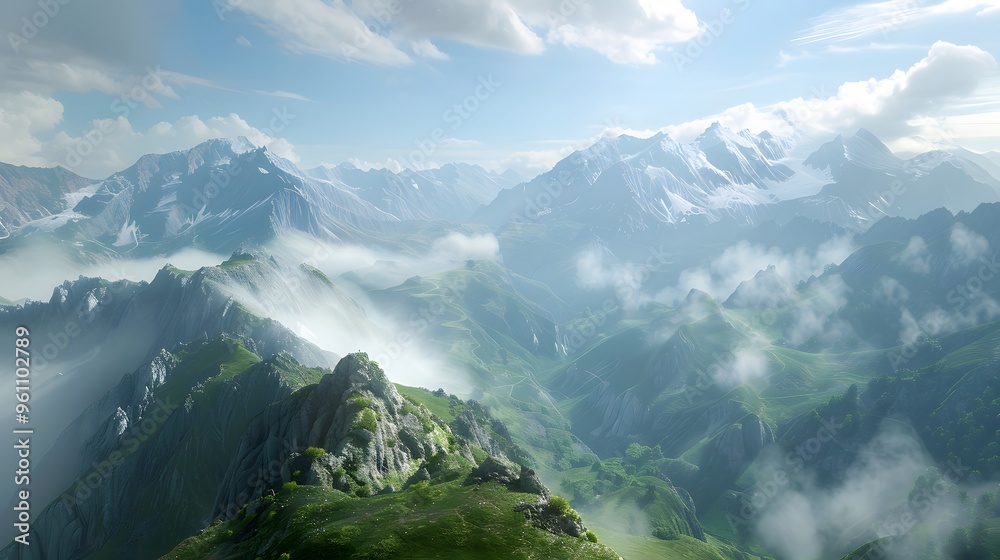 Naklejka premium Majestic Mountain Range with Clouds and Peaks