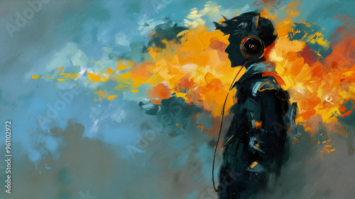A young individual is depicted wearing headphones, immersed in their own world as vibrant colors swirl around them, suggesting inspiration and mood - Generative AI