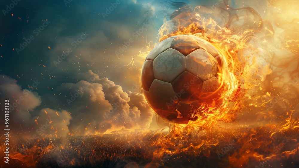 Fototapeta premium Fiery soccer ball blazes across sky, engulfed in flames and glowing with intense energy