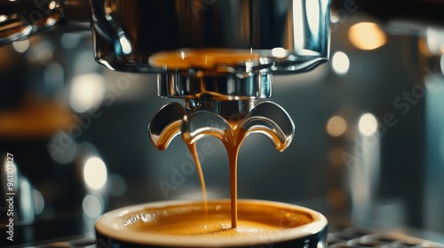 Espresso being poured from a coffee maker in close-up. Expert coffee brewing