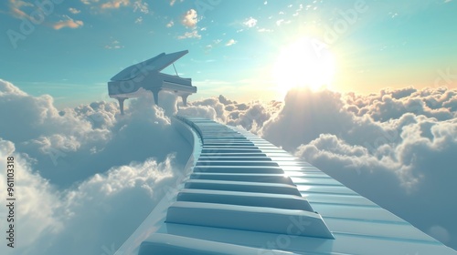 A dreamlike digital scene of a grand piano connected to a floating path of piano keys in the clouds at sunrise. The soft light and fluffy clouds enhance the ethereal and peaceful mood, creating a