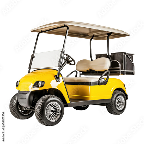 Yellow golf cart on a black background, ideal for recreation and leisure