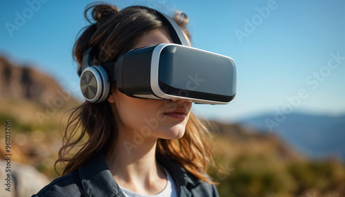 Individual wearing futuristic virtual reality glasses, interacting with cutting-edge VR tech. photo