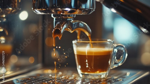 Espresso being poured from a coffee maker in close-up. Expert coffee brewing