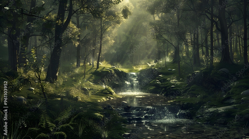 Obraz premium Magical Forest Stream with Sunbeams