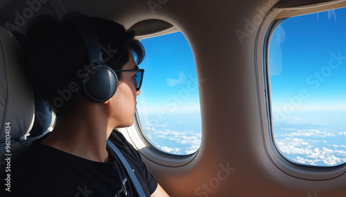 Traveler seated near the airplane window, enjoying the scenery during the flight. photo