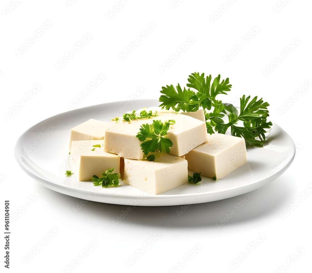 Plate of tofu. Close up of tofu on plate over white Plate of tofu. Close up of tofu on plate over white