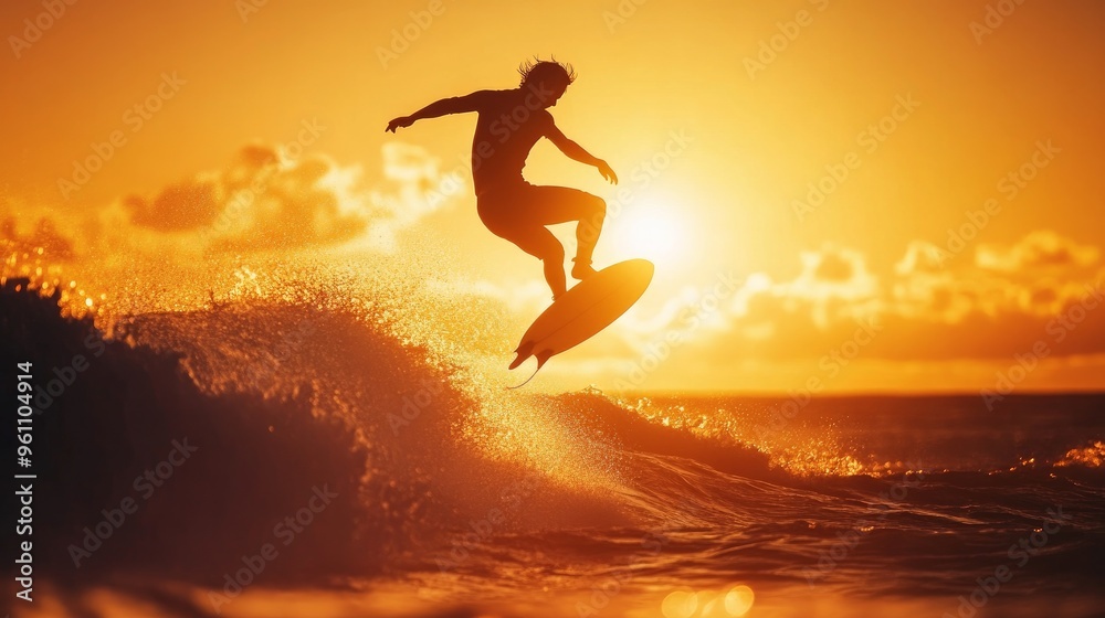 Surfer on a tropical beach during golden hour, leaping onto the surf Sporty young man using a surf board to perform feats over the waves Savage water sports and activity with foam and spray at dusk Surfer on a tropical beach during golden hour, leaping onto the surf Sporty young man using a surf board to perform feats over the waves Savage water sports and activity with foam and spray at dusk