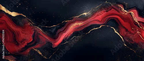Panel kuchenny z motywem Abstract luxury red marble background with golden lines, liquid alcohol ink effect, dark colors of red and black, dark grey and gold, dark background.