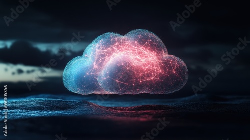 Futuristic Digital Cloud with Network Connections Over a Dark Background Representing Data Storage and Technology
