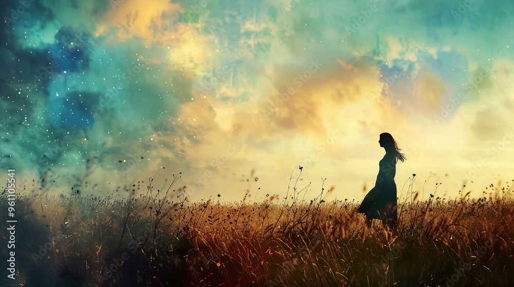 Fototapeta premium Silhouetted woman walking through a field of tall grass under a vibrant, starry sky at sunset.