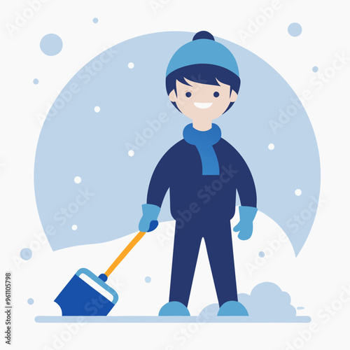 Smiling Boy Shoveling Snow in Winter Scene

