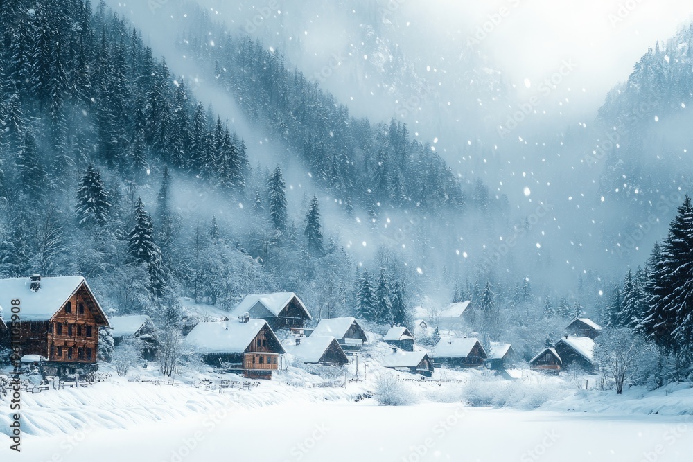 Fog rolling through snowy mountains covered in pine trees Fog rolling through snowy mountains covered in pine trees