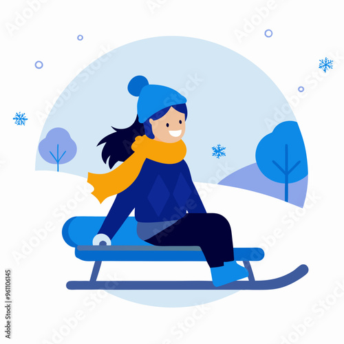 Girl sledding in winter landscape in flat vector illustration
