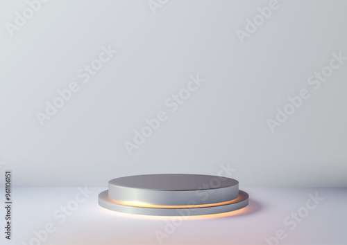 Modern 3D Cylindrical Podium Mockup, Shiny Metallic Display for Product Showcases, Elegant White Background, Warm Lighting for Presentations, Exhibitions
