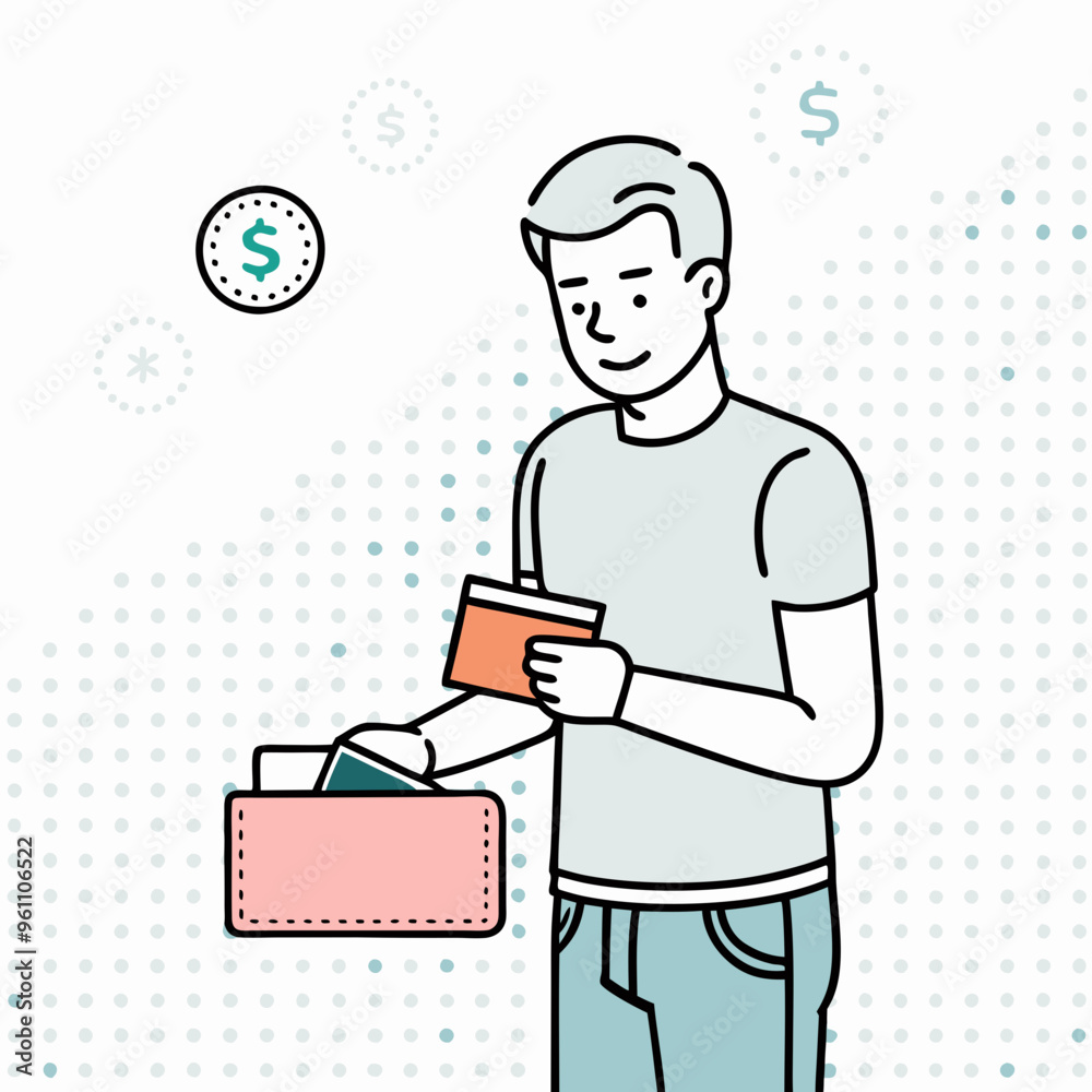 Man Holding Wallet and Card with Dotted Background Man Holding Wallet and Card with Dotted Background