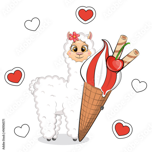 Cute cartoon llama holds a big ice cream. Summer animal vector illustration on white background with red hearts. 