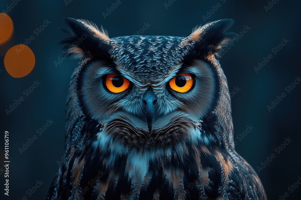 Eurasian eagle-owl staring intently with piercing orange eyes Eurasian eagle-owl staring intently with piercing orange eyes