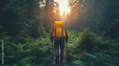 Hiker wearing yellow backpack walking on trail in forest