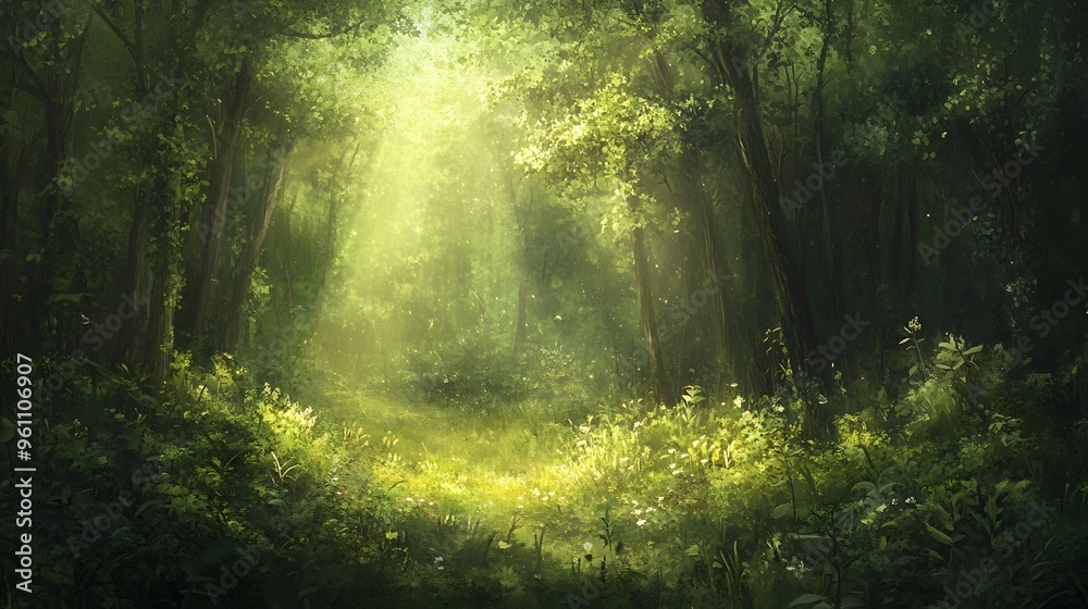 Obraz premium Serene Woodland Clearing with Dappled Sunlight and Lush Foliage