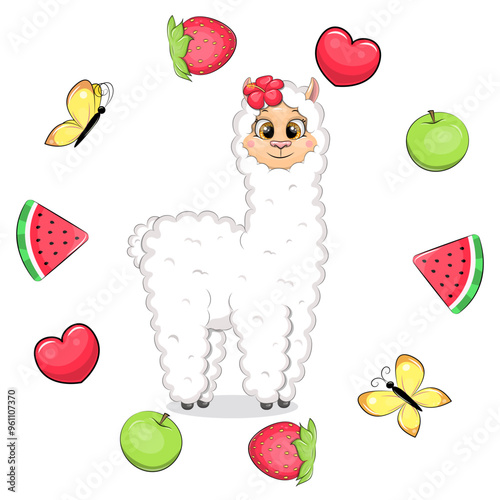 Cute cartoon llama in a fruit frame. Vector illustration of an animal with apples, watermelon, hearts, butterflies, strawberries on a white background.