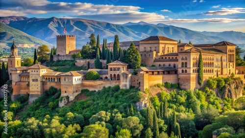 Panoramic view of the Alhambra in Granada showcasing intricate Moorish architecture, Alhambra, Granada