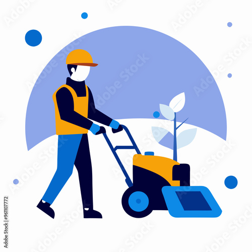 Man using lawn mower in flat vector illustration