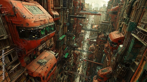 A dense urban landscape featuring towering futuristic buildings with a weathered, industrial aesthetic. The buildings are predominantly rust-colored with green accents and windowed sections, suggestin photo