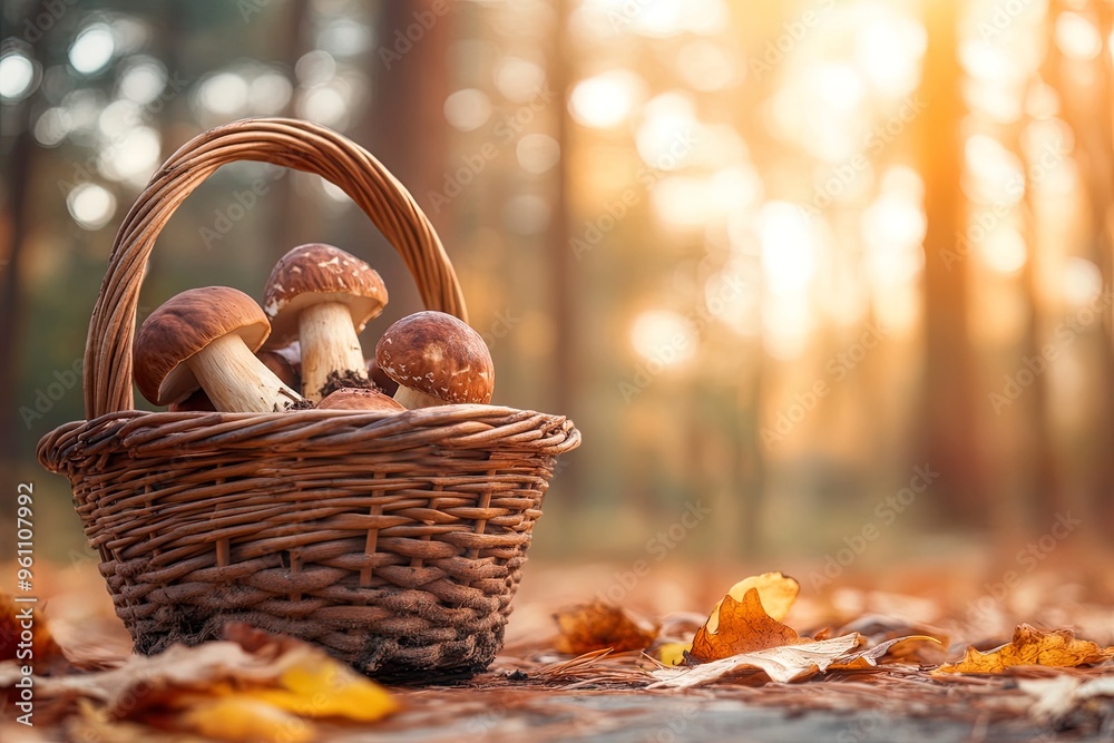 A woven basket filled with mushrooms on a forest floor during autumn. A woven basket filled with mushrooms on a forest floor during autumn.