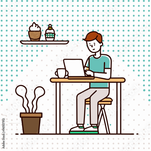 Man Working on Laptop in Minimalist Coffee Shop Setting Line Art Style


