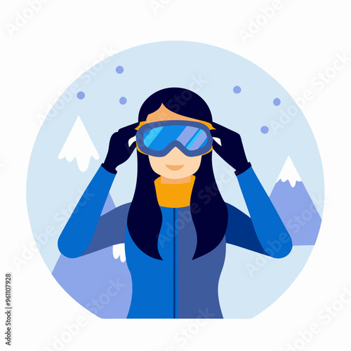 Woman Adjusting Ski Goggles in Minimalist Winter Landscape Style

