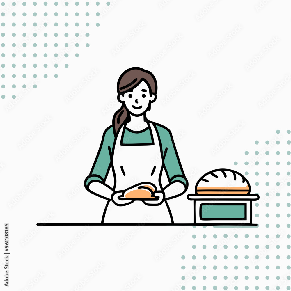 Smiling Woman Baking Bread in Kitchen Setting in Minimalist Line Art Style
Smiling Woman Baking Bread in Kitchen Setting in Minimalist Line Art Style