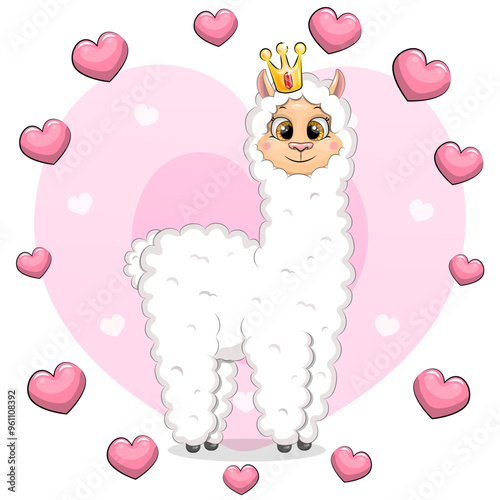 Cute cartoon llama with a crown in a heart frame. Vector illustration of an animal on a pink background.