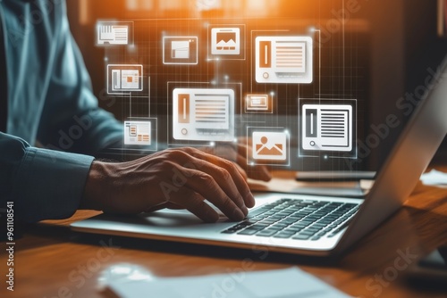 A man using a laptop with a digital document management system interface and documents icon on a transparent screen, representing the concept of business process integration. 