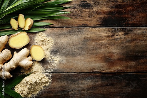 Fresh ginger root and powder on a wooden surface with green leaves. photo