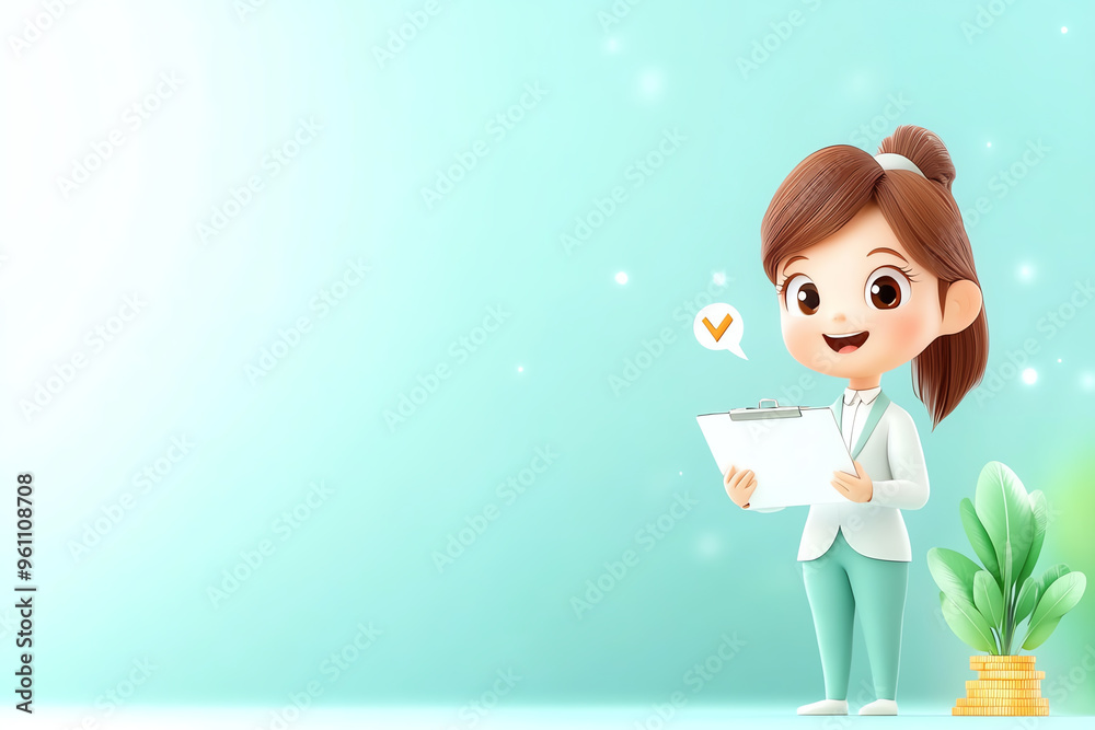 A cheerful cartoon character holding a clipboard, symbolizing productivity and positivity in a bright, modern environment. A cheerful cartoon character holding a clipboard, symbolizing productivity and positivity in a bright, modern environment.