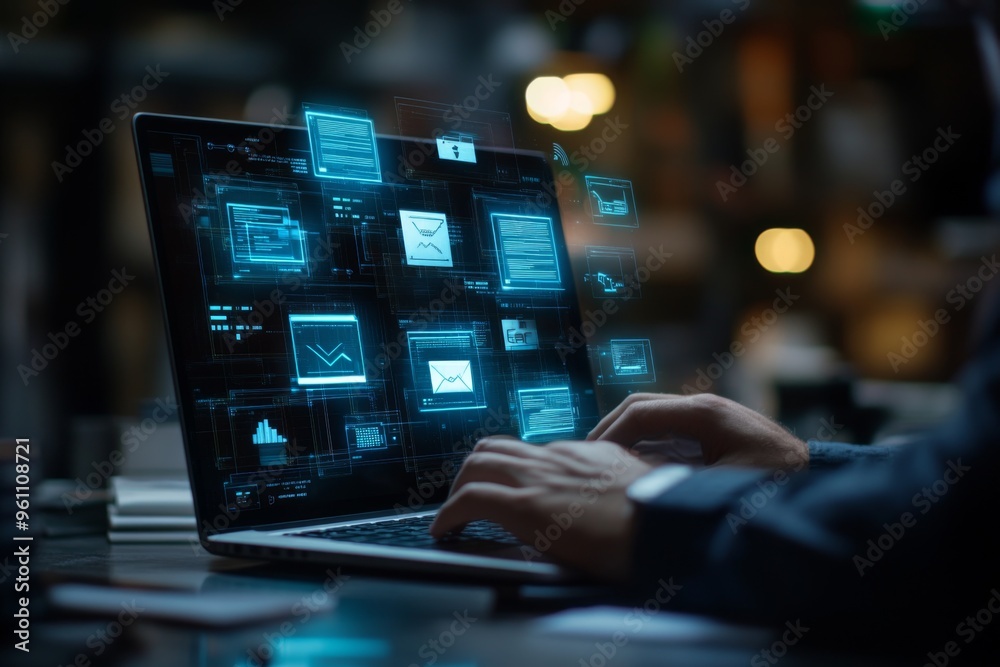 A man using a laptop with a digital document management system interface and documents icon on a transparent screen, representing the concept of business process integration. A man using a laptop with a digital document management system interface and documents icon on a transparent screen, representing the concept of business process integration.