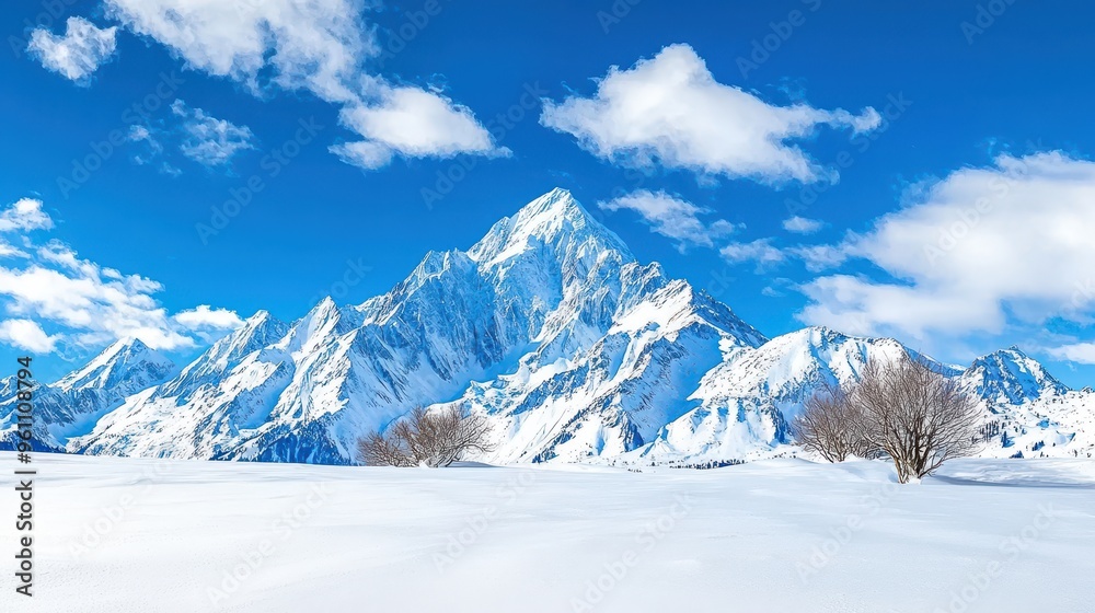 Majestic Snowy Peaks Reaching Towards Cloudy Winter Sky