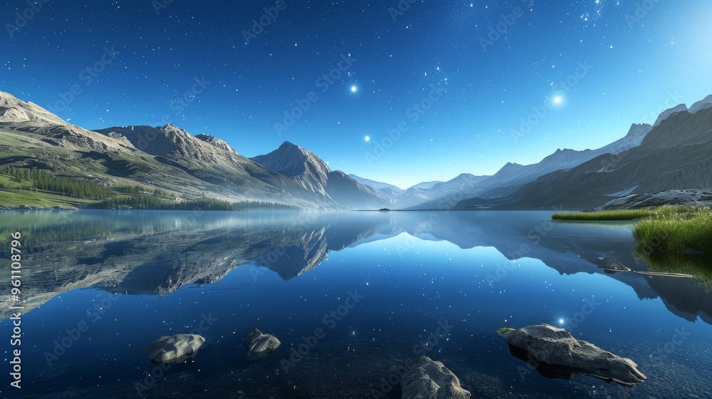 A serene, clear night sky filled with stars reflecting on the glass-like surface of a tranquil lake. The distant mountains under the starry canopy add depth to the peaceful landscape, making it A serene, clear night sky filled with stars reflecting on the glass-like surface of a tranquil lake. The distant mountains under the starry canopy add depth to the peaceful landscape, making it