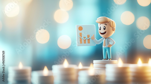 A cheerful cartoon character holds a chart amidst glowing candles, symbolizing growth and celebration in a festive setting. photo