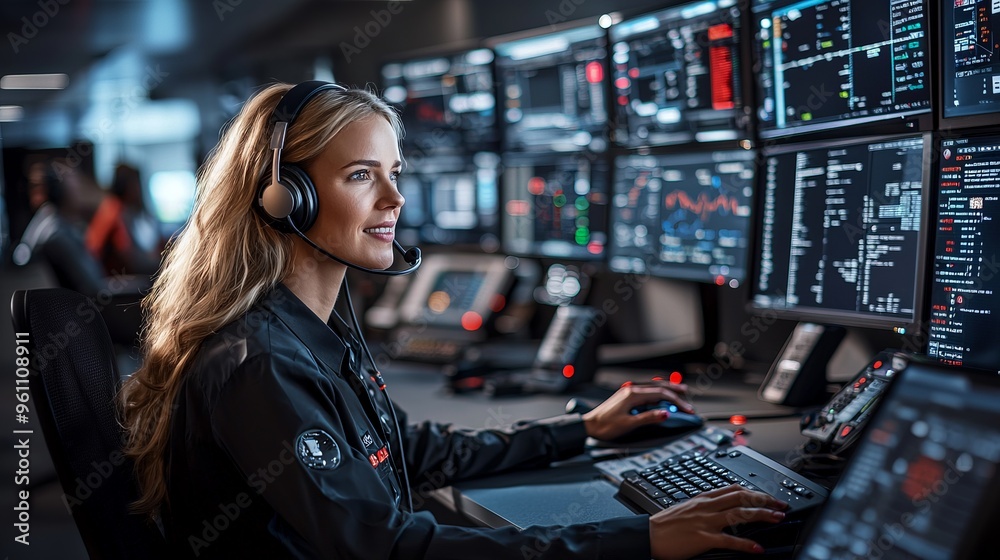 Call center operator monitoring data on multiple screens Call center operator monitoring data on multiple screens