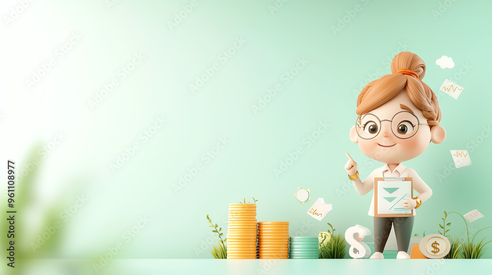 A cheerful cartoon character showcasing financial growth with graphs and coin stacks in a modern workspace. A cheerful cartoon character showcasing financial growth with graphs and coin stacks in a modern workspace.