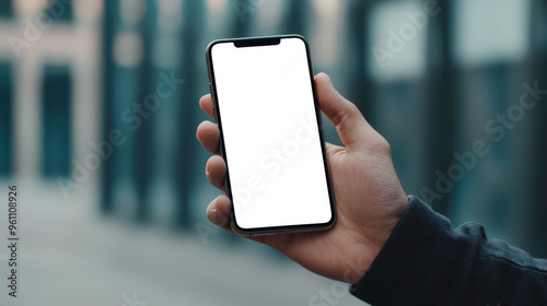 A man is holding a phone with a white screen in his hand. A mockup of a modern phone in a man's hand on the street. Mobile app advertising
