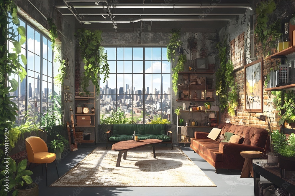 Fototapeta premium Vibrant Collaborative Workshop Space with Cascading Greenery and Vintage Furnishings Overlooking