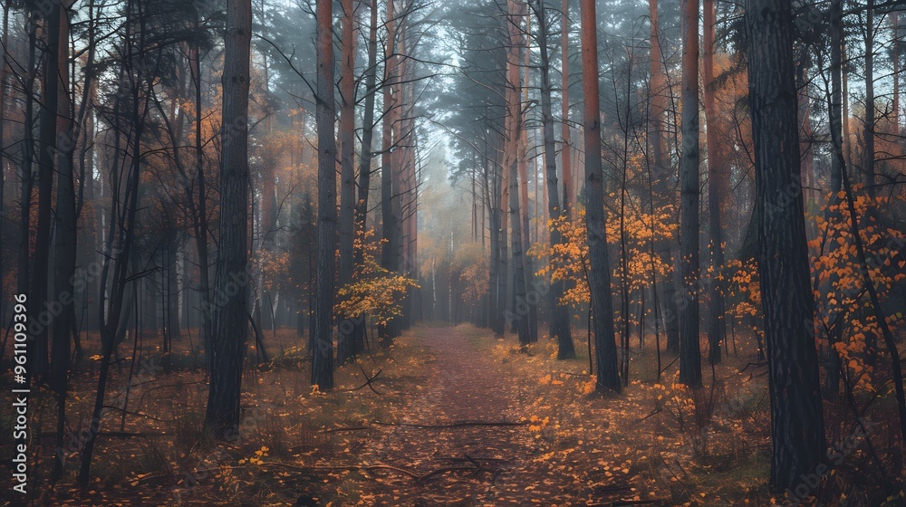 Fototapeta premium Mysterious Forest Path in Autumn Fog