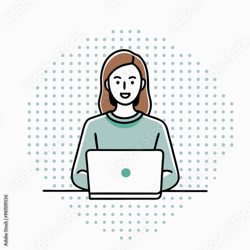 Smiling woman working on laptop with dotted background