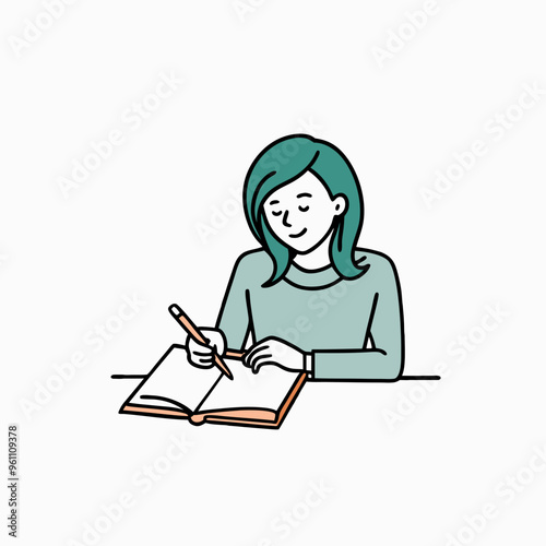 Woman writing in notebook on white background