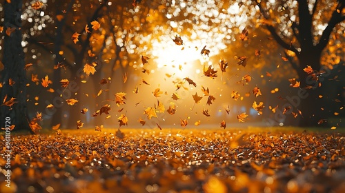 Warm autumn evening with falling leaves illuminated by the setting sun in a tranquil park photo